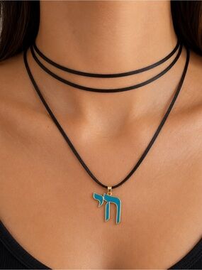 Gold Hebrew Letter Chai Pendant Necklace - Black Strap - Turquoise Enamel